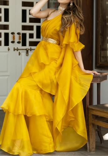 Yellow Stitched Ruffle Saree