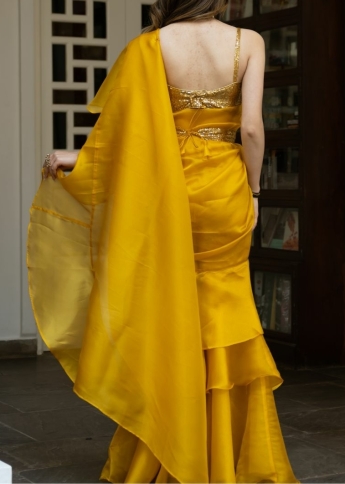 Yellow Stitched Ruffle Saree