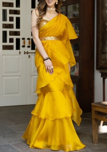 Yellow Stitched Ruffle Saree