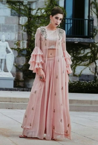 Girls Pink Crop Top And Palazzo Set With Long Shrug