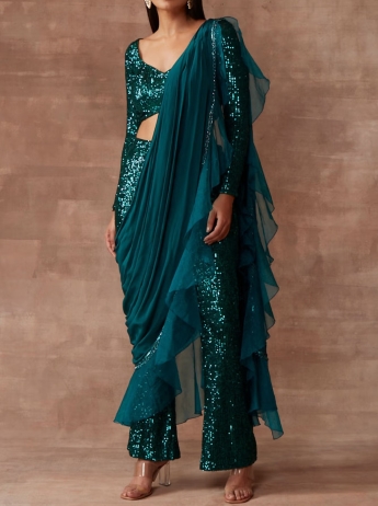 Teal Pant Saree Set