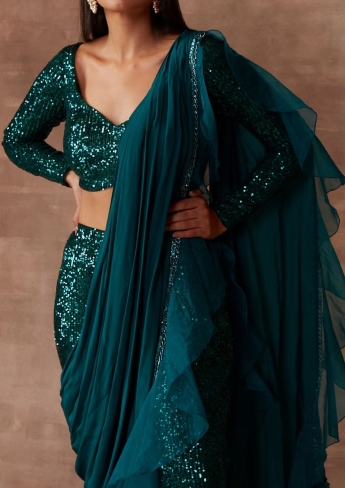 Teal Pant Saree Set