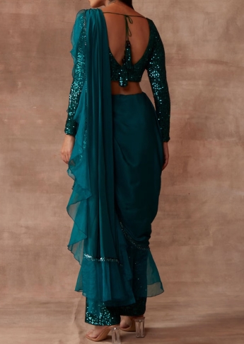 Teal Pant Saree Set