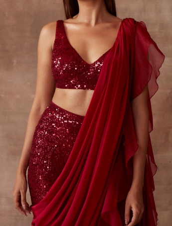 Red Pant Saree Set