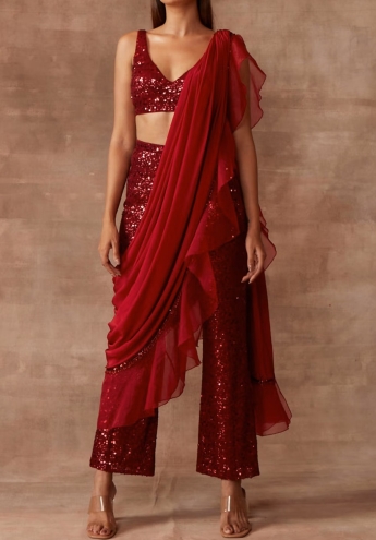 Red Pant Saree Set
