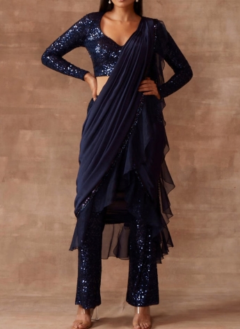 Blue Pant Saree Set