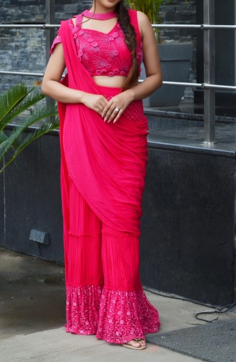Deep Pink Pant Saree Set