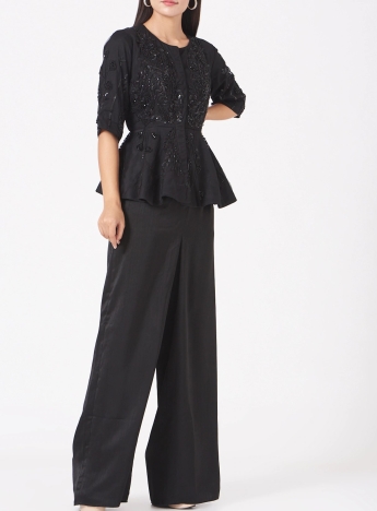 Black Peplum Top With Flared Pant Set