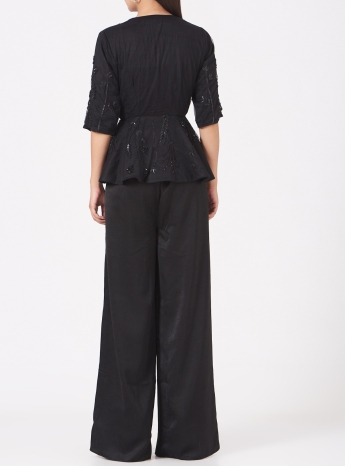 Black Peplum Top With Flared Pant Set