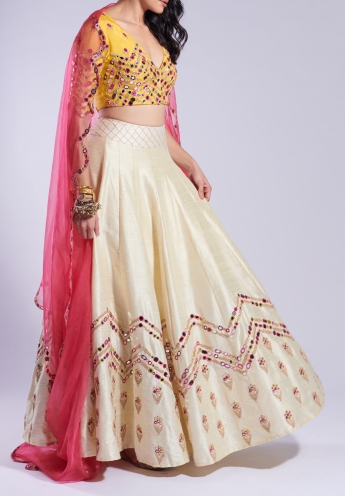 Cream Mirror Work Lehenga