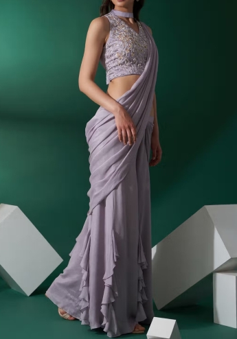 Gray Stitched Plazo Saree