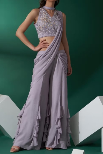 Gray Stitched Plazo Saree