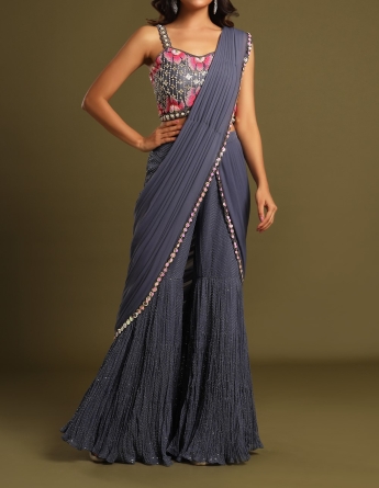 Buy Green And Blue Plazo Saree Online on Fresh Look Fashion