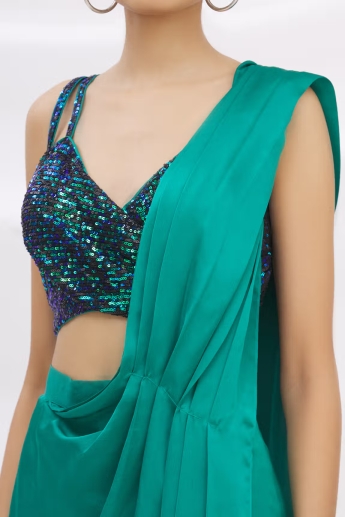 Teal Stitched Dhoti Saree