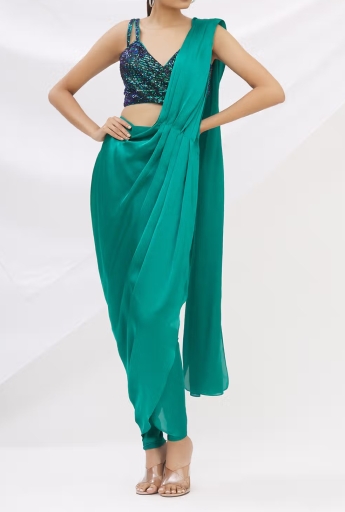 Teal Stitched Dhoti Saree