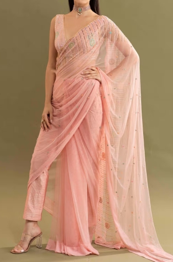 Peach Stitched Pant Saree