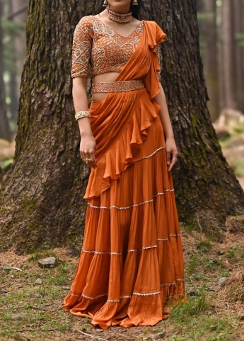 Orange Stitched Ruffle Saree