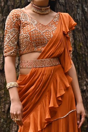 Orange Stitched Ruffle Saree