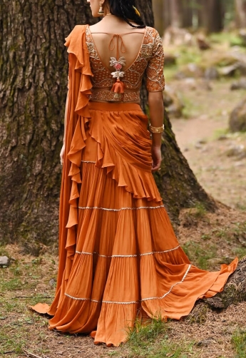 Orange Stitched Ruffle Saree