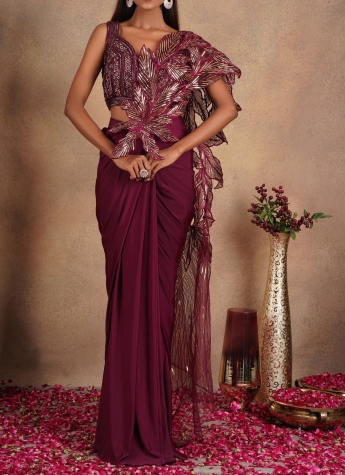 Wine Stitched Drape Saree