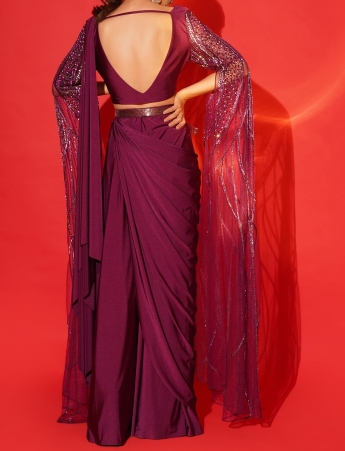 Purple Stitched Drape Saree