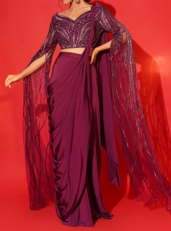 Purple Stitched Drape Saree