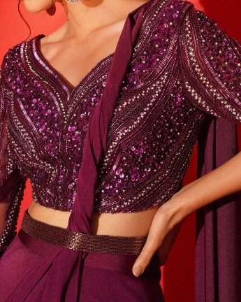 Purple Stitched Drape Saree
