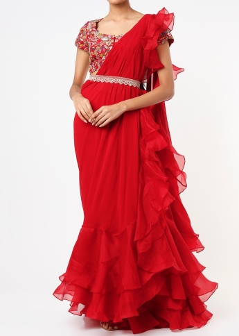 Red Ruffle Saree With Belt