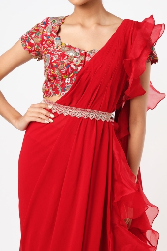 Red Ruffle Saree With Belt