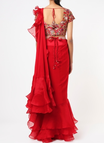 Red Ruffle Saree With Belt