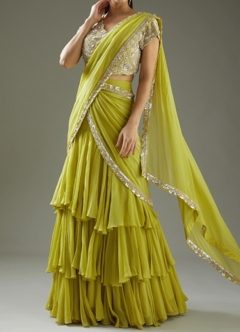 Olive Ruffle Saree Set