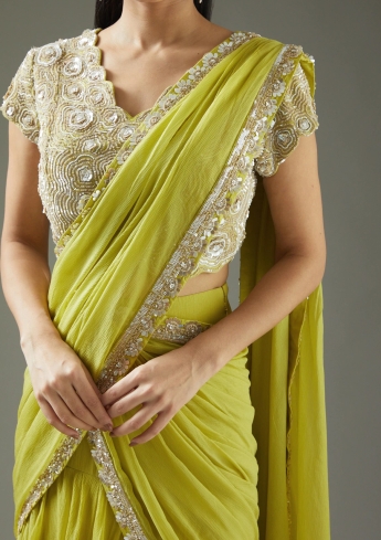 Olive Ruffle Saree Set