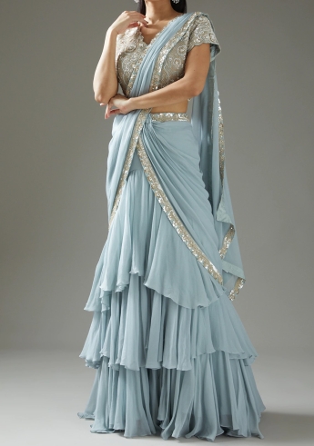 Sky Blue Ruffle Saree Set