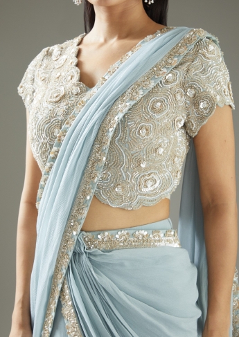 Sky Blue Ruffle Saree Set