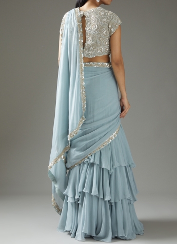 Sky Blue Ruffle Saree Set