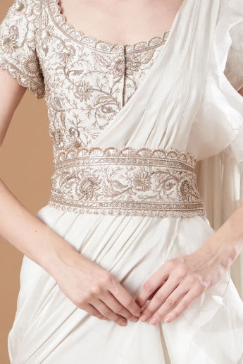 Ivory Ruffle Saree With Belt