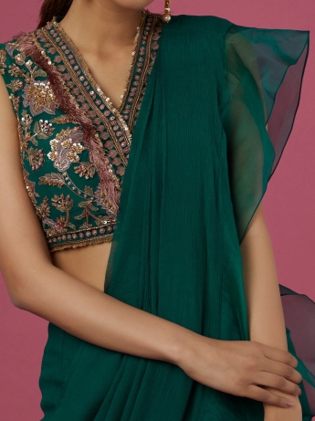 Bottle Green Ruffle Saree