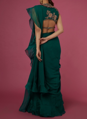 Bottle Green Ruffle Saree