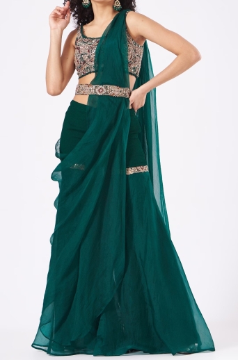 Green Draped Sharara Saree