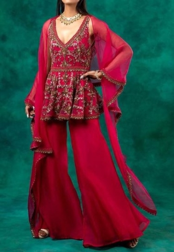 Deep Pink Peplum Kurta With Palzo Pant