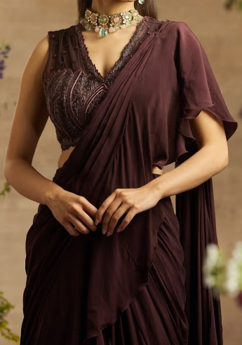 Brown Ruffle Saree With Belt