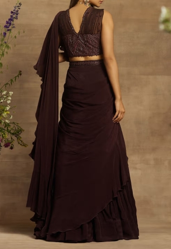 Brown Ruffle Saree With Belt