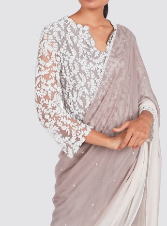 White And Gray Pre Draped Saree