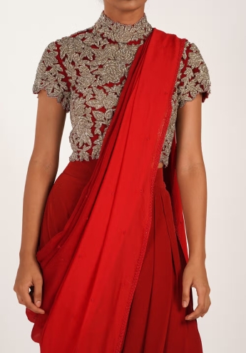 Red Pre Draped Saree