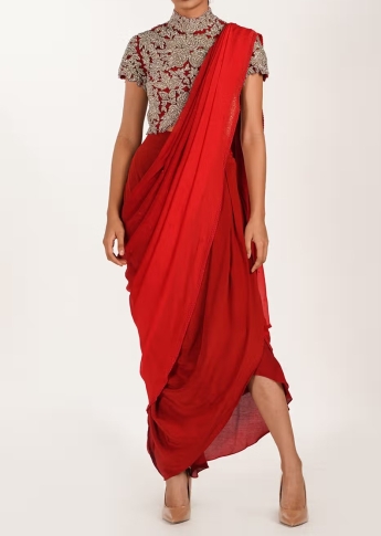 Red Pre Draped Saree