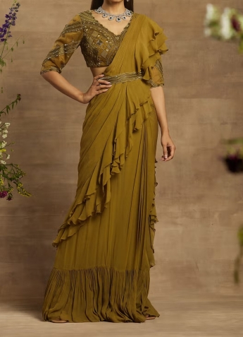 Olive Ruffle Saree