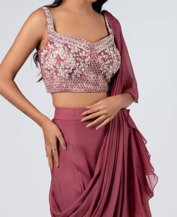 Salmon Plazo Ruffle Saree
