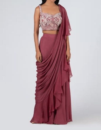 Salmon Plazo Ruffle Saree