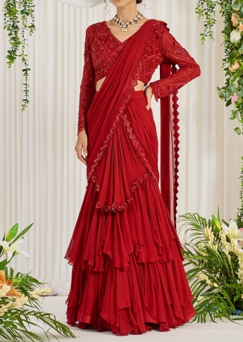 Red Ruffle Saree