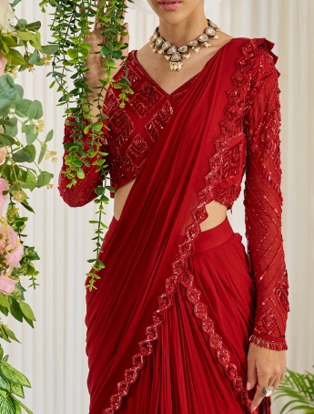 Red Ruffle Saree